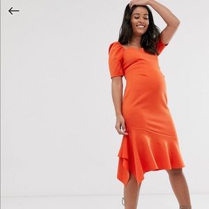 ASOS DESIGN Maternity milkmaid pephem midi dress in Coral